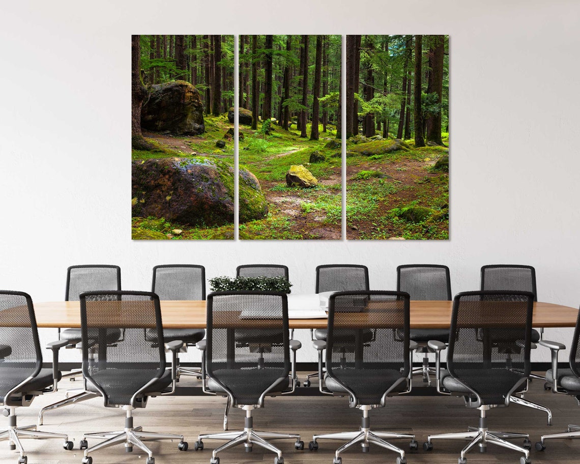 Mossy Pine Forest With Boulders Triptych Three Panel Nature Wall Art - Image 5
