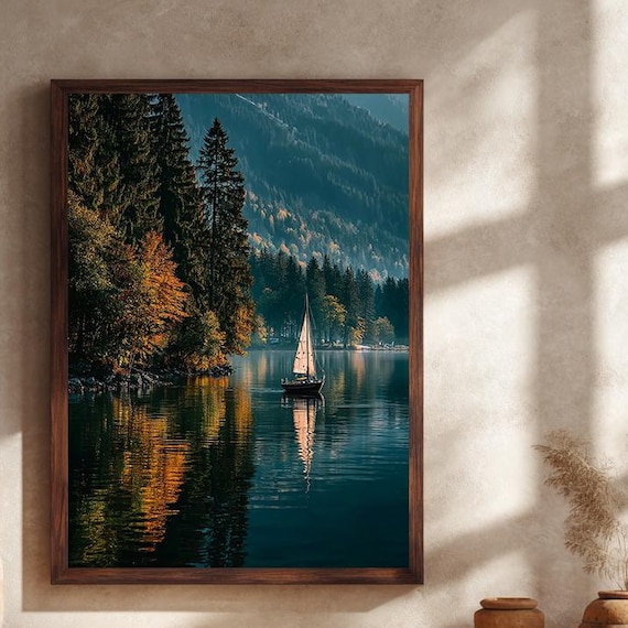 Autumn Sailboat On A Mountain Lake With Fall Foliage Reflections Poster