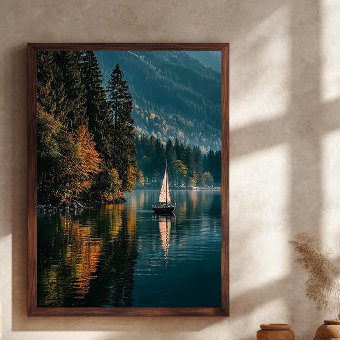 Autumn Sailboat On A Mountain Lake With Fall Foliage Reflections Poster