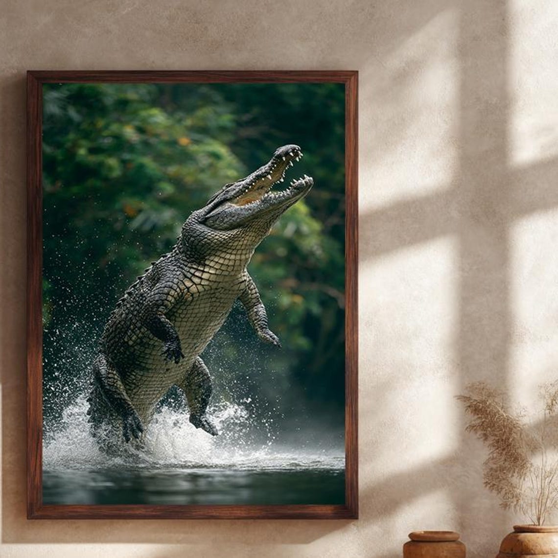 Leaping Crocodile Wildlife Poster Splashing from Jungle River Water