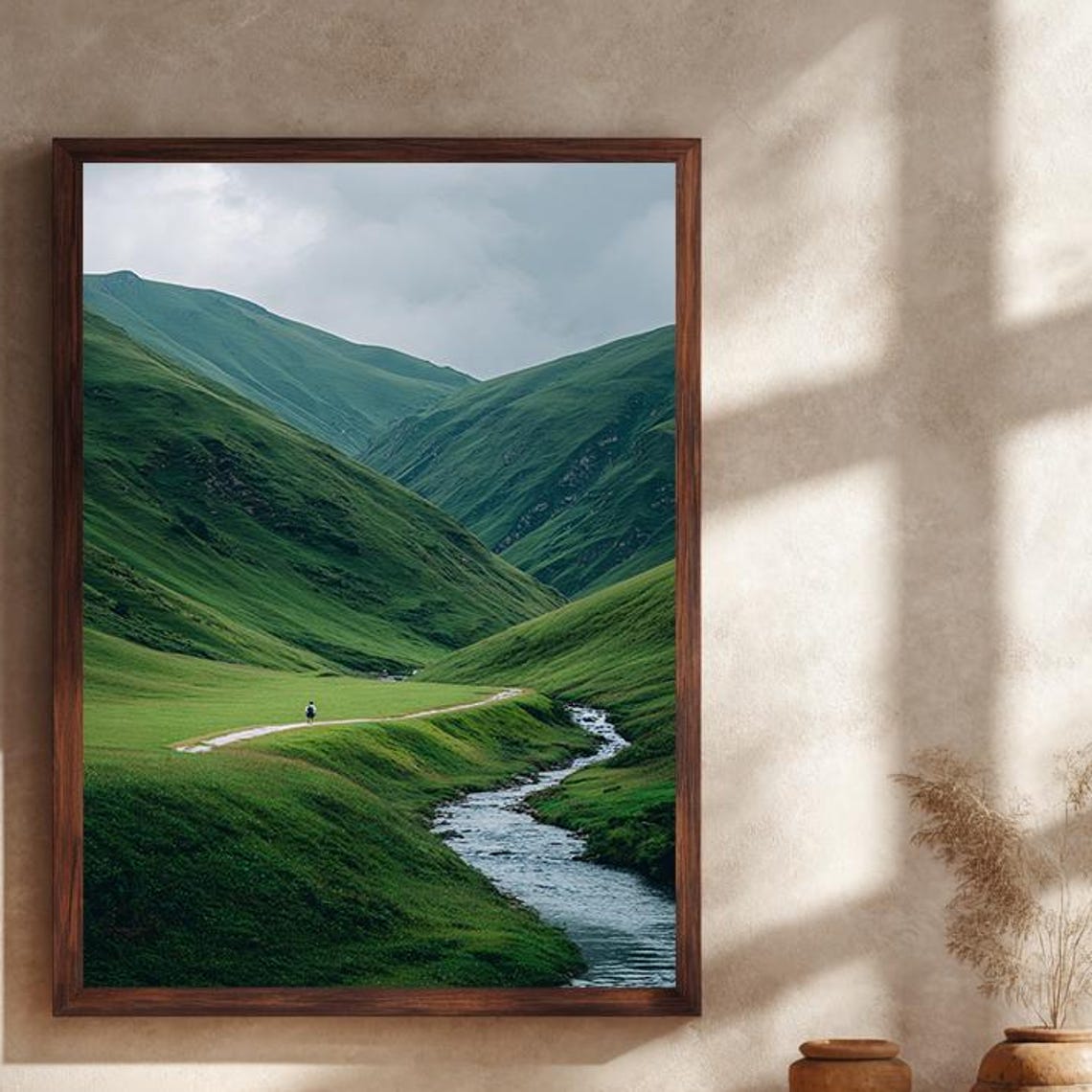 Green Valley Hiking Path Poster Lone Walker By A River In The Hills