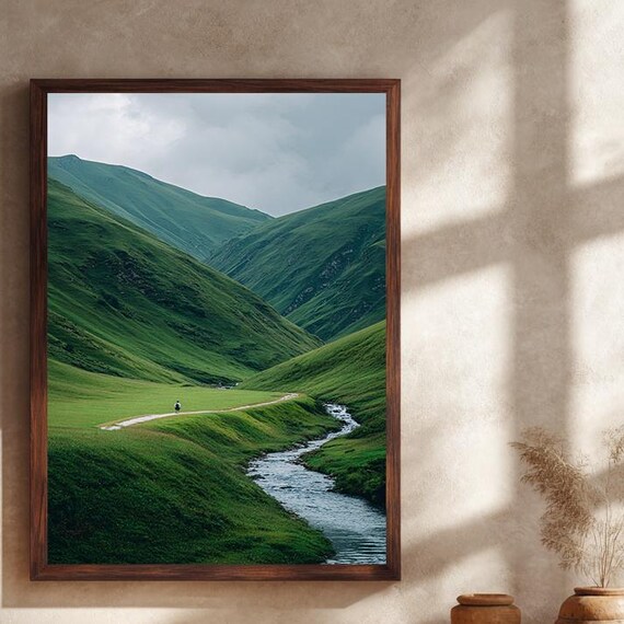 Green Valley Hiking Path Poster Lone Walker By A River In The Hills