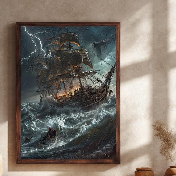 Epic Pirate Ship Canvas Wall Art With Stormy Sea Lightning And Rowboat Dramatic Fantasy Nautical Painting Print For Gothic Decor
