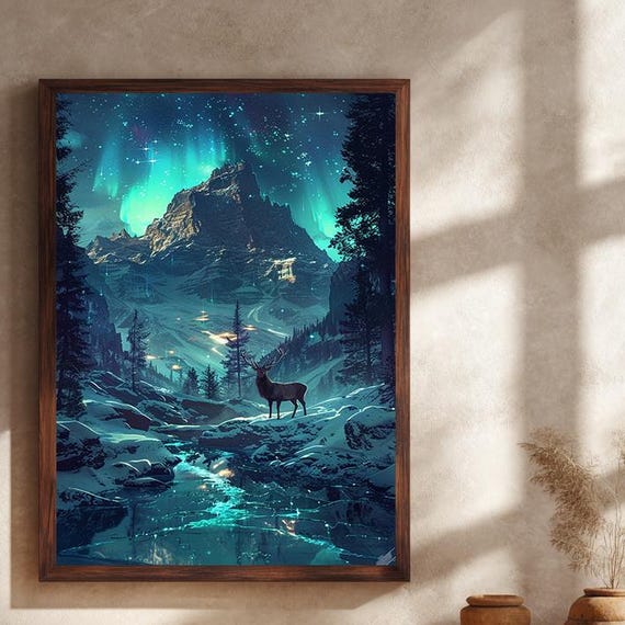Northern Lights Canvas Wall Art Print With Snowy Mountain Stag And Night Sky Magical Aurora Borealis Nature Landscape Decor
