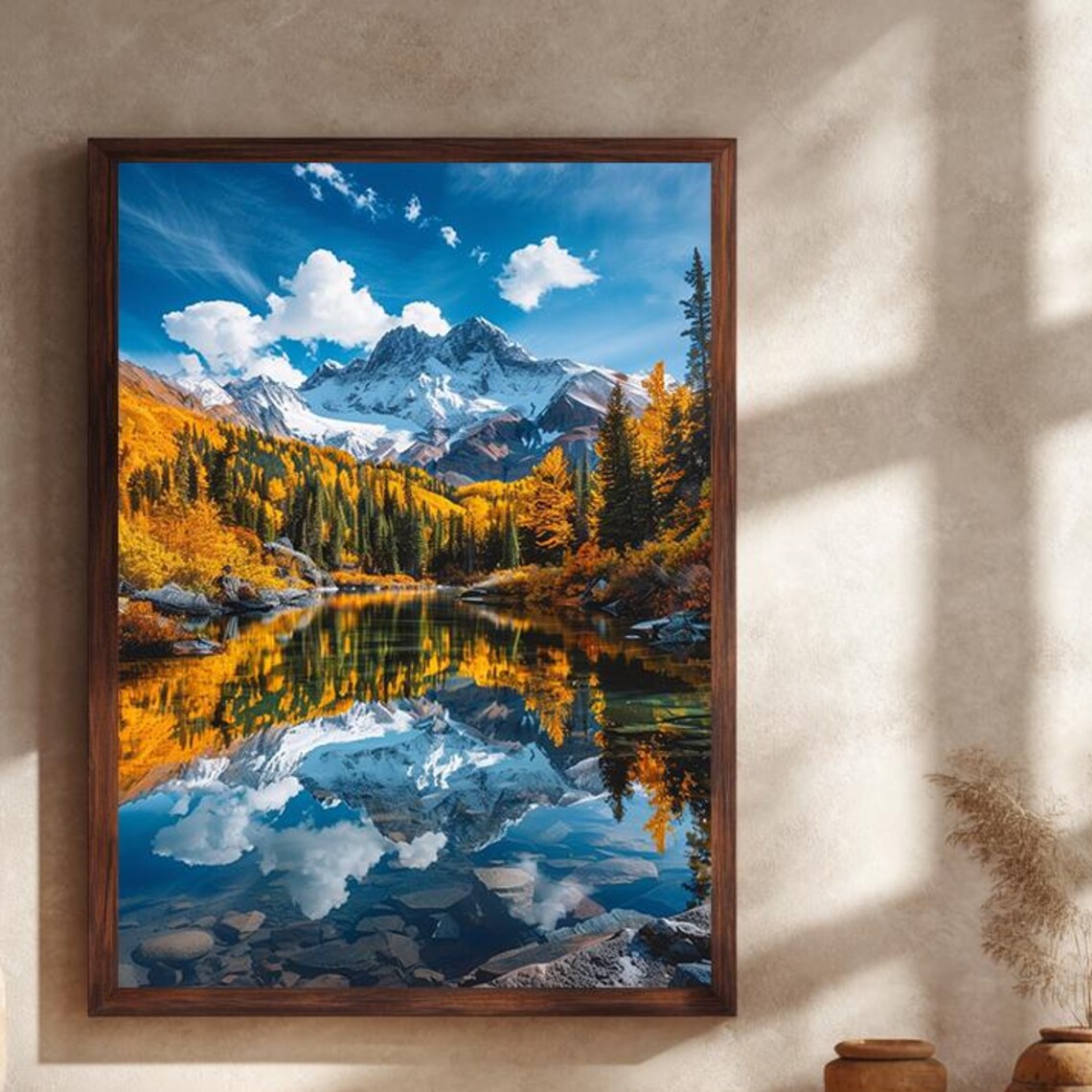 Autumn Golden Forest Reflection Snowy Peak Mountain Lake Landscape Poster