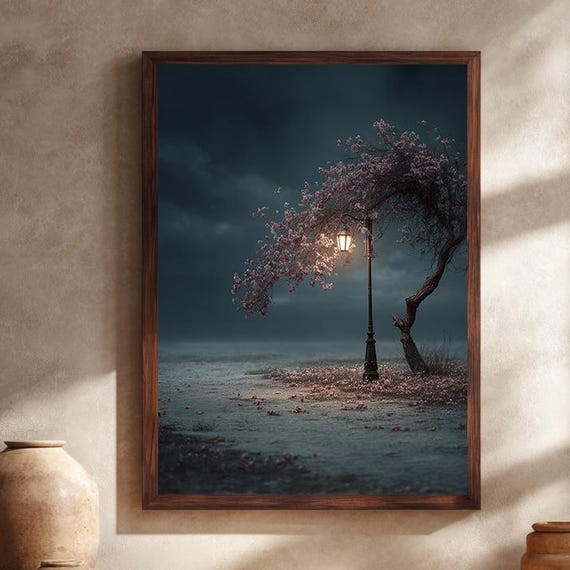 Moody Night Blossom Tree With Lantern Print Dreamy Dark Floral Fantasy Wall Art Enchanted Landscape Illustration