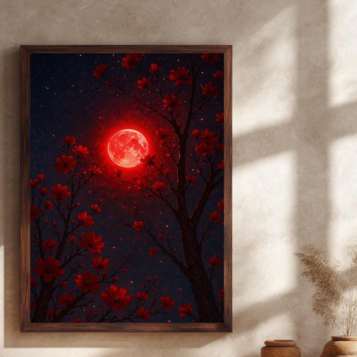 Red Moon Over Dark Flowering Trees Mystical Romantic Night Wall Art