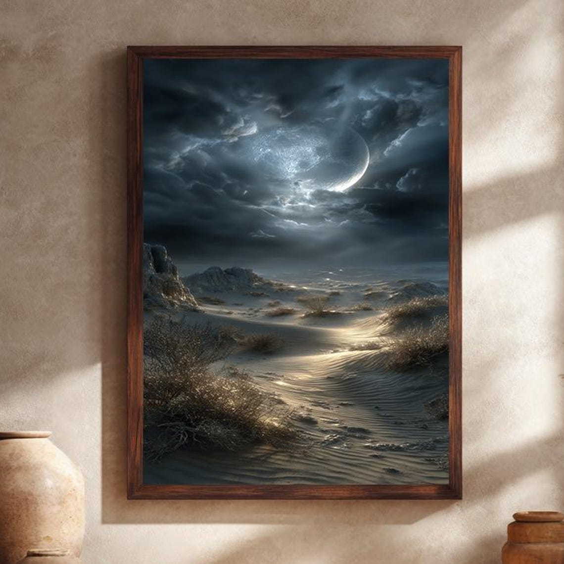 Surreal Moonlit Desert Sand Dunes Under Mystical Night Sky Poster