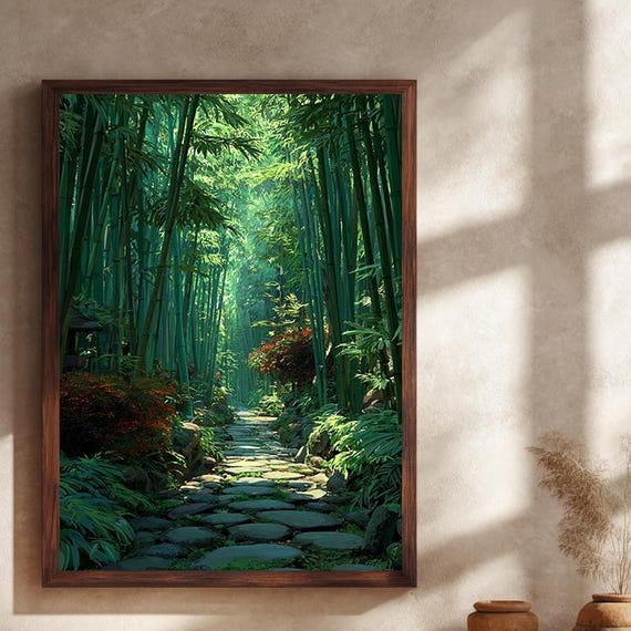 Zen Bamboo Forest Path Canvas Wall Art Peaceful Green Nature Landscape Print For Tranquil Home Decor Meditation Or Spa Room Style
