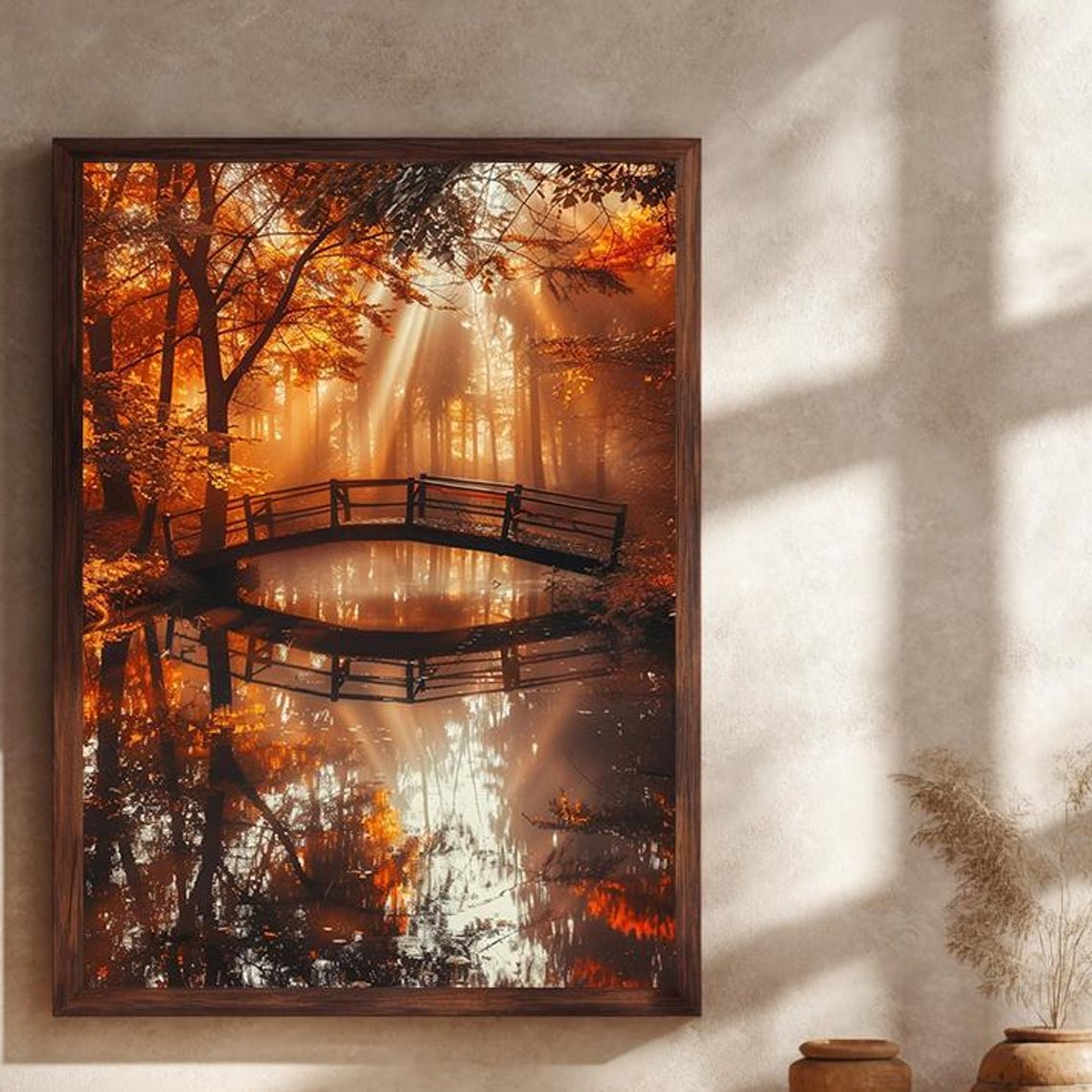 Sunlit Autumn Forest Wooden Bridge Lake Reflection Landscape Poster