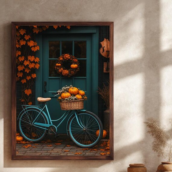 Autumn Bicycle with Pumpkin Basket by Teal Door Fall Photo Print