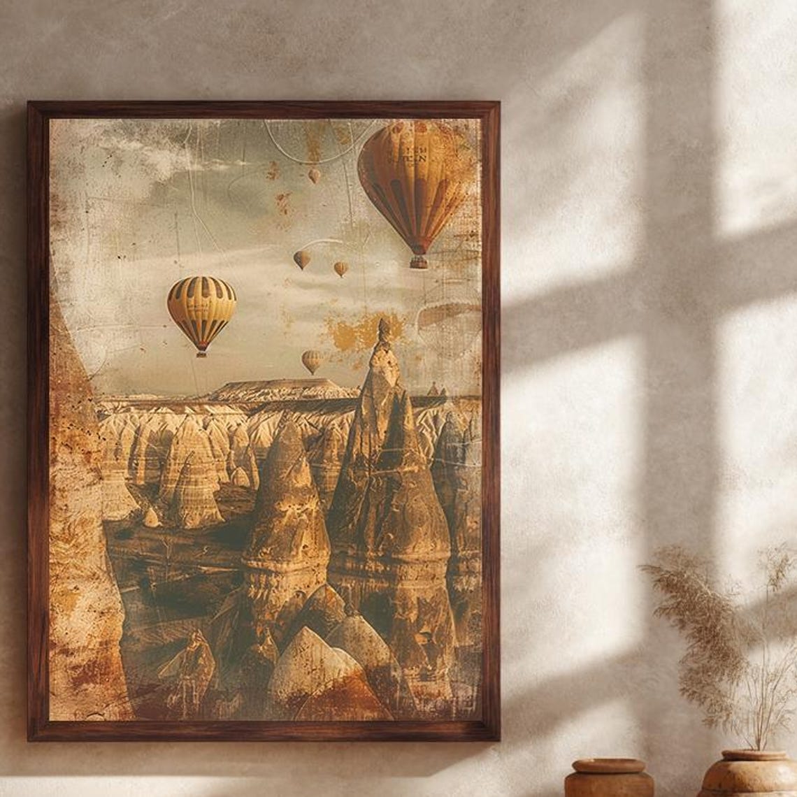 Sepia Vintage Cappadocia Fairy Chimneys Hot Air Balloon Poster