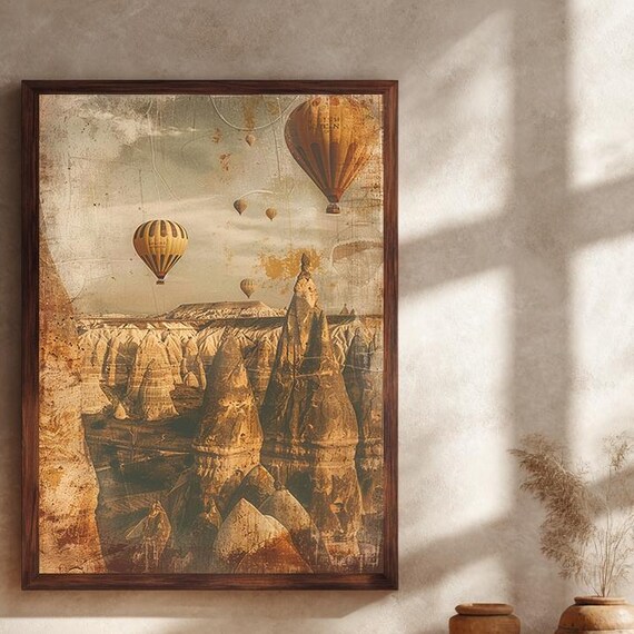 Sepia Vintage Cappadocia Fairy Chimneys Hot Air Balloon Poster