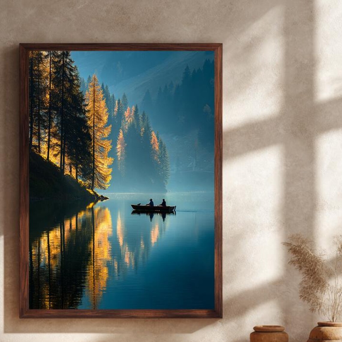 Golden Mountain Lake Poster with Canoe Drifting on Mirror Calm Water