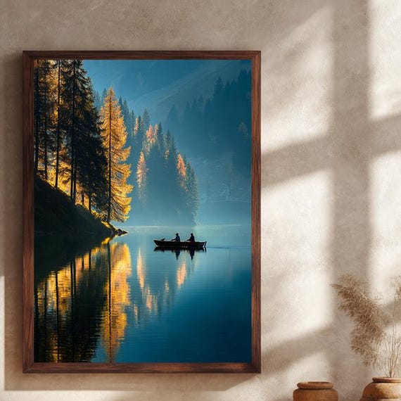 Mountain Lake Sunset Canvas Wall Art Print Boat On Calm Water With Glowing Forest Reflection For Nature And Cabin Decor
