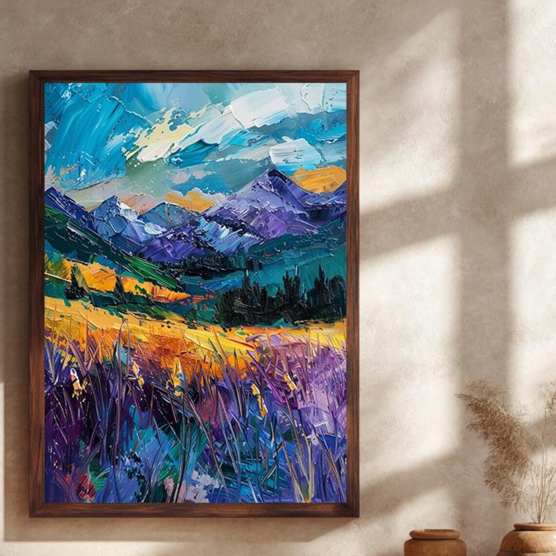Colorful Impasto Mountain Landscape Poster in Purple Gold and Teal