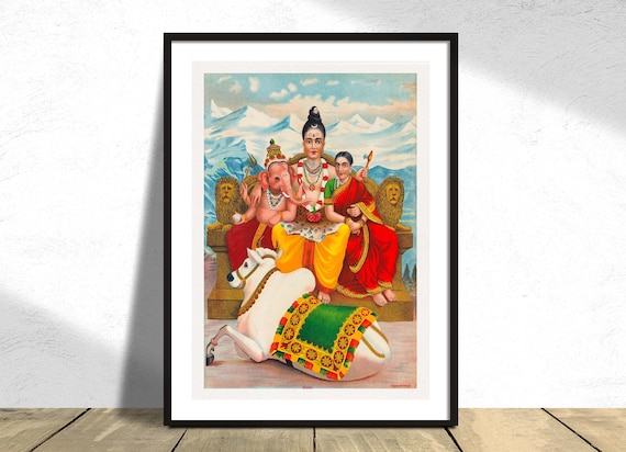 Shiva with Parvati and Ganesha Vintage Hindu Religious Art Poster