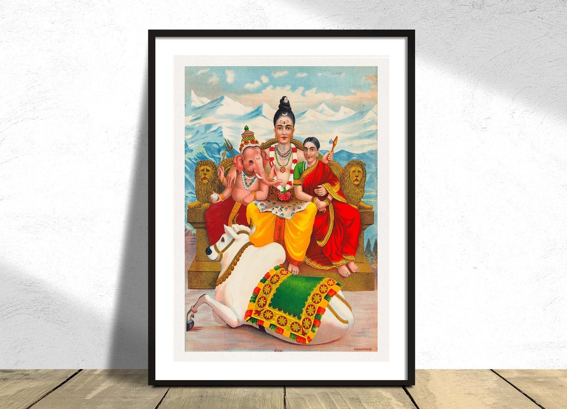 Shiva with Parvati and Ganesha Vintage Hindu Religious Art Poster
