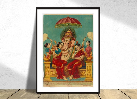 Lord Ganesha with Riddhi and Siddhi Vintage Hindu Art Poster