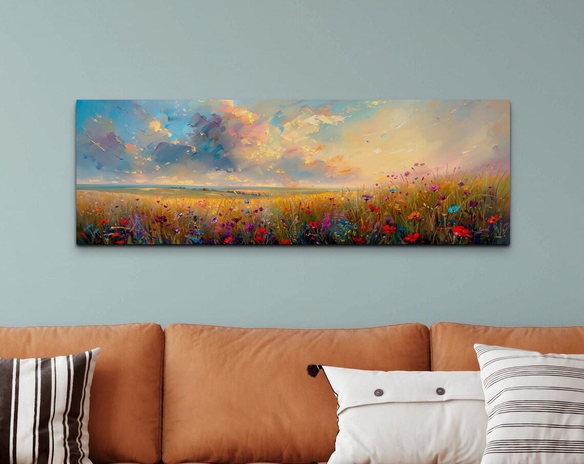 Colorful Wildflower Field Sunset Sky Impressionist Meadow Art Poster