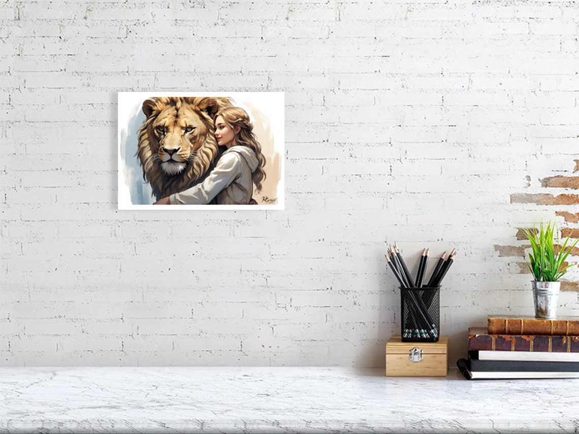 Lucy and Aslan Narnia Lion Embrace Fantasy Illustration Poster - Image 2