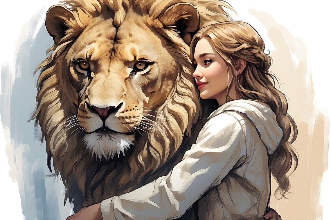 Lucy and Aslan Narnia Lion Embrace Fantasy Illustration Poster