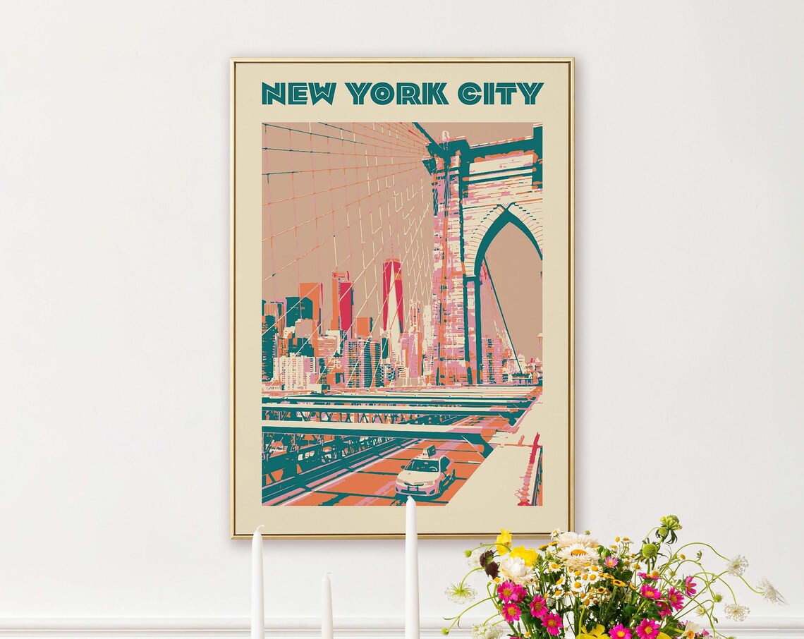 Retro NYC Vintage Travel Poster, Brooklyn Bridge