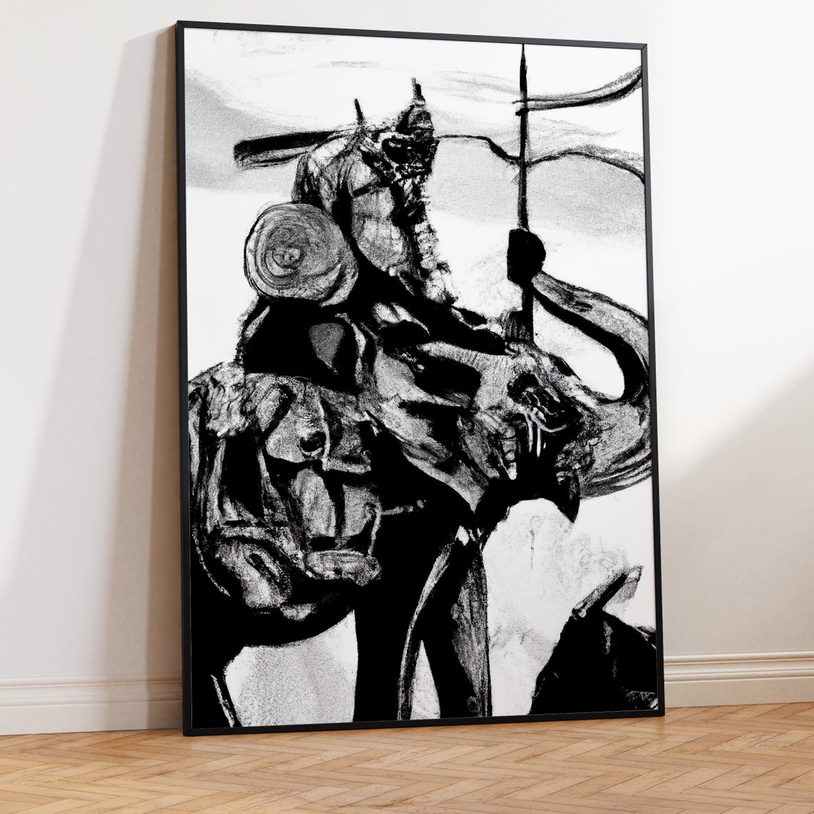 Samurai Warrior Riding Elephant Ink Sketch Japanese Artwork Poster - Image 2