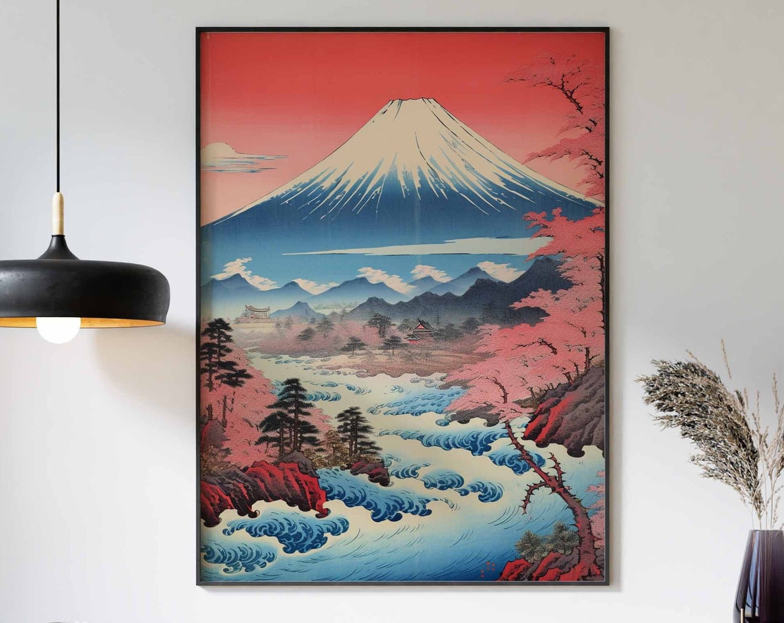 Mount Fuji Red Sky Cherry Blossom River Japanese Decor Poster