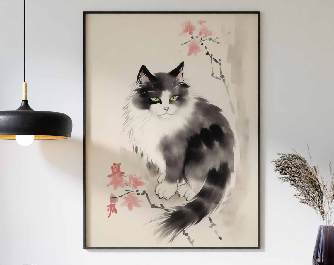 Japanese Ink Wash Longhair Cat Pink Blossom Branch Art Poster
