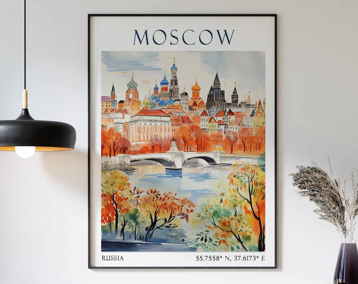 Moscow Russia Autumn River Bridge Onion Domes View Travel Poster