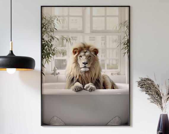 Majestic Male Lion With Lush Full Mane In A White Bathtub Poster