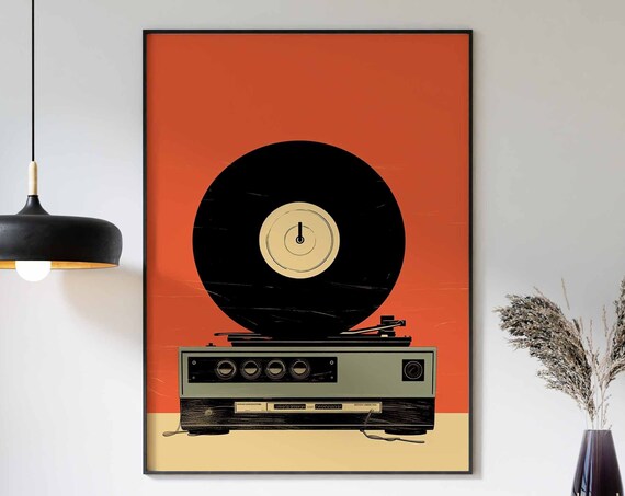 Vintage Vinyl Record Player Retro Orange Music Room Gift Poster