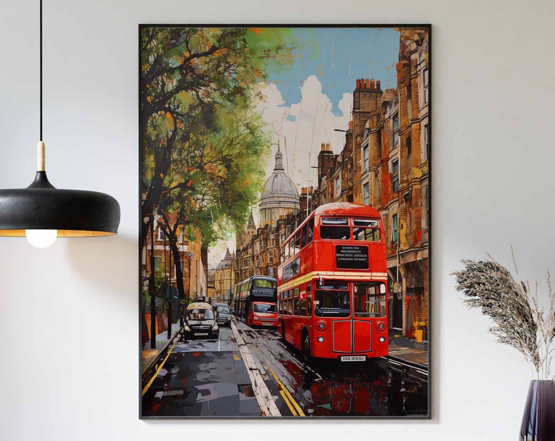 London Red Double Decker Bus St Pauls Dome Watercolor Wall Art