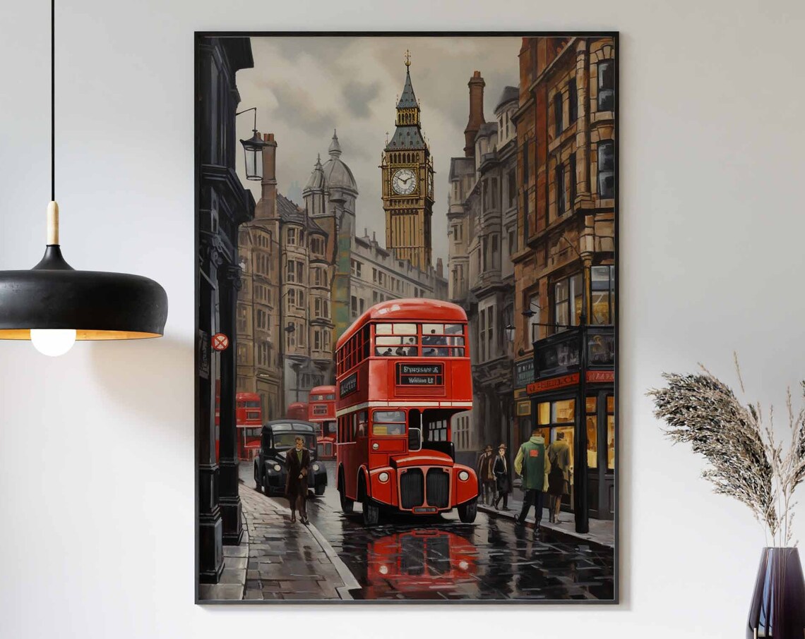 London Red Bus Rainy Westminster Street Vintage Oil Painting Poster