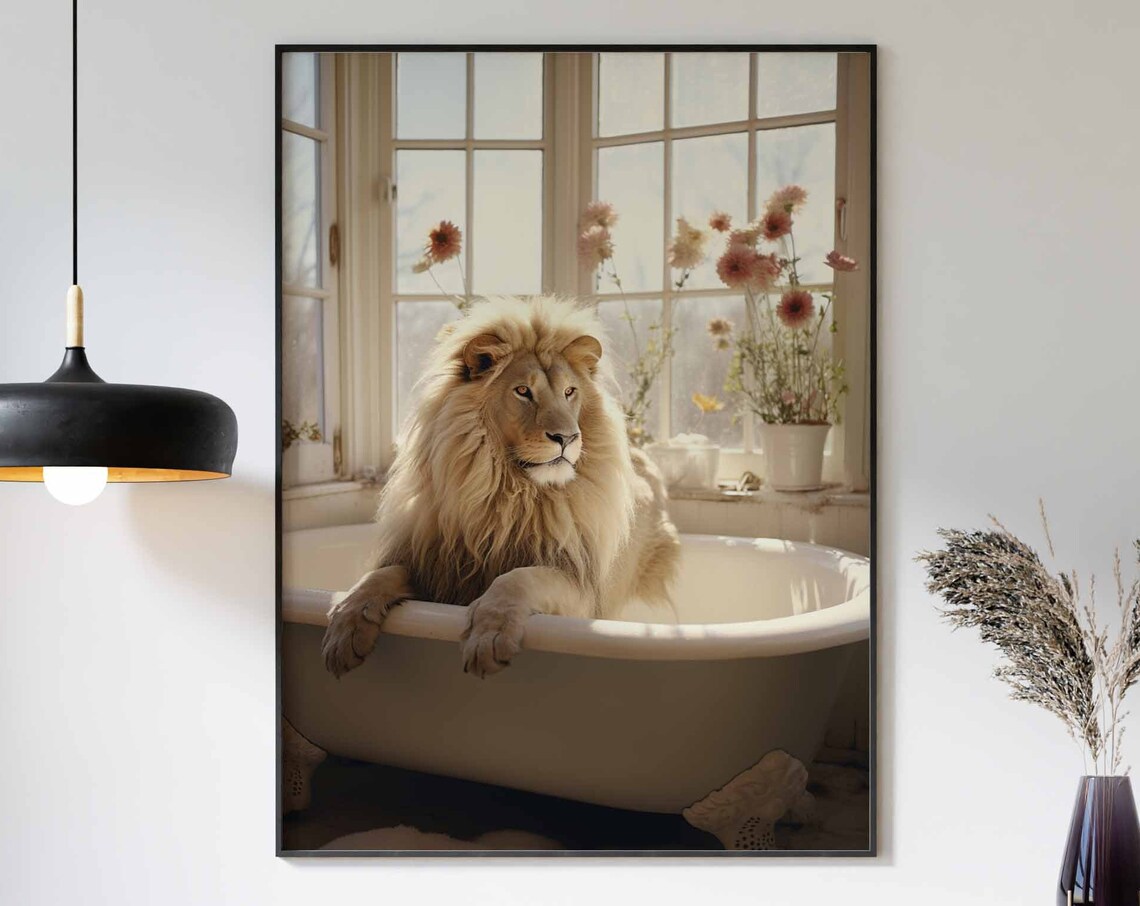 Regal Lion Lounging In A Sunlit Clawfoot Tub With Blooms Poster