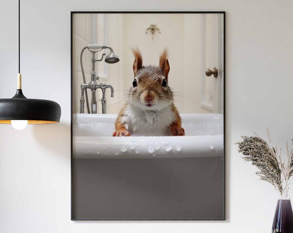 Cute Wet Squirrel Climbing Out of a White Bathtub Bathroom Poster