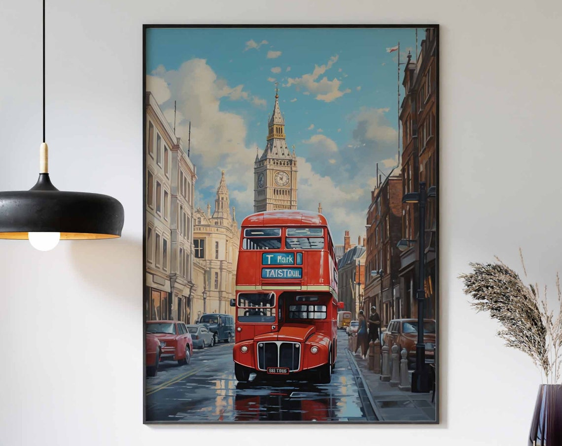 London Red Double Decker Bus Big Ben Sunny Street Oil Painting Print