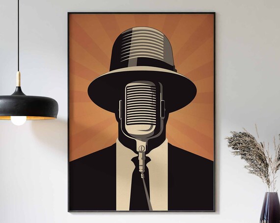 Vintage Microphone Man Fedora Jazz Retro Music Room Gift Poster