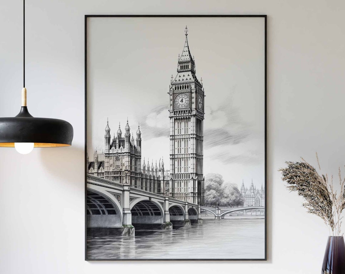Big Ben Tower and Westminster Bridge Monochrome Sketch Poster