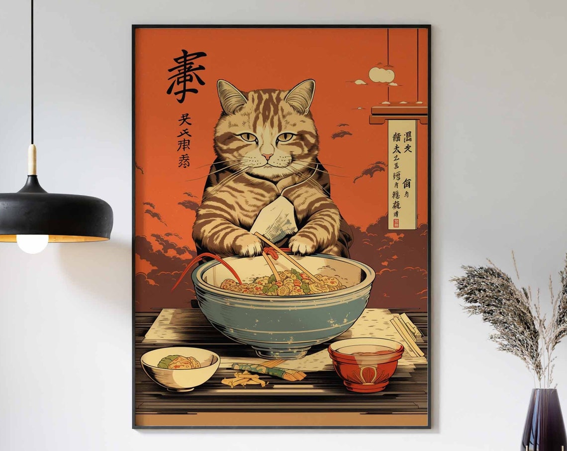 Japanese Cat Eating Noodles Chopsticks Retro Art Lover Poster