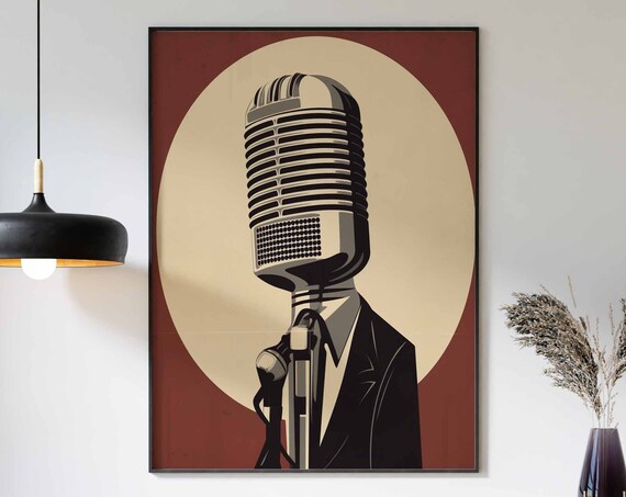 Vintage Microphone Head Suit Cream Oval Jazz Singer Gift Poster