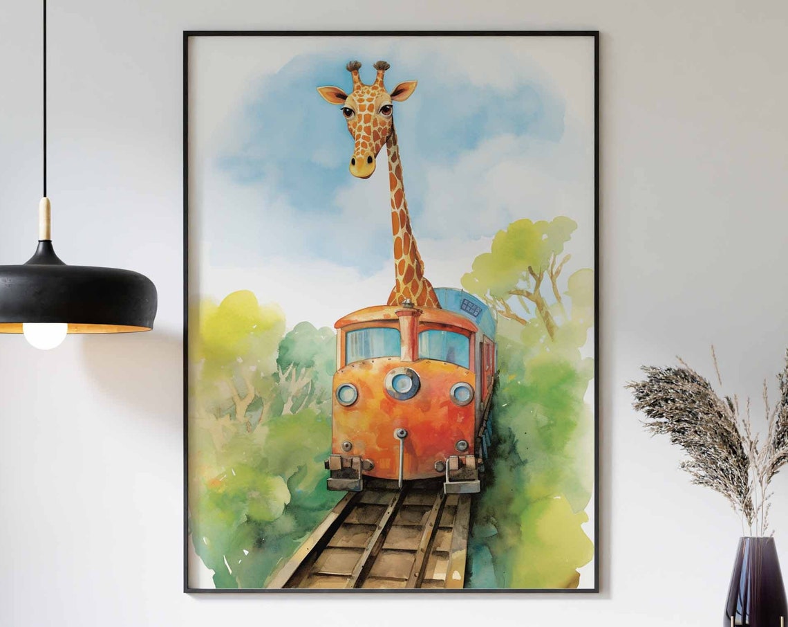 Watercolor Giraffe Riding a Cute Little Red Train Forest Poster