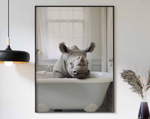 Rhinoceros Relaxing In A Bright Vintage White Clawfoot Tub Poster