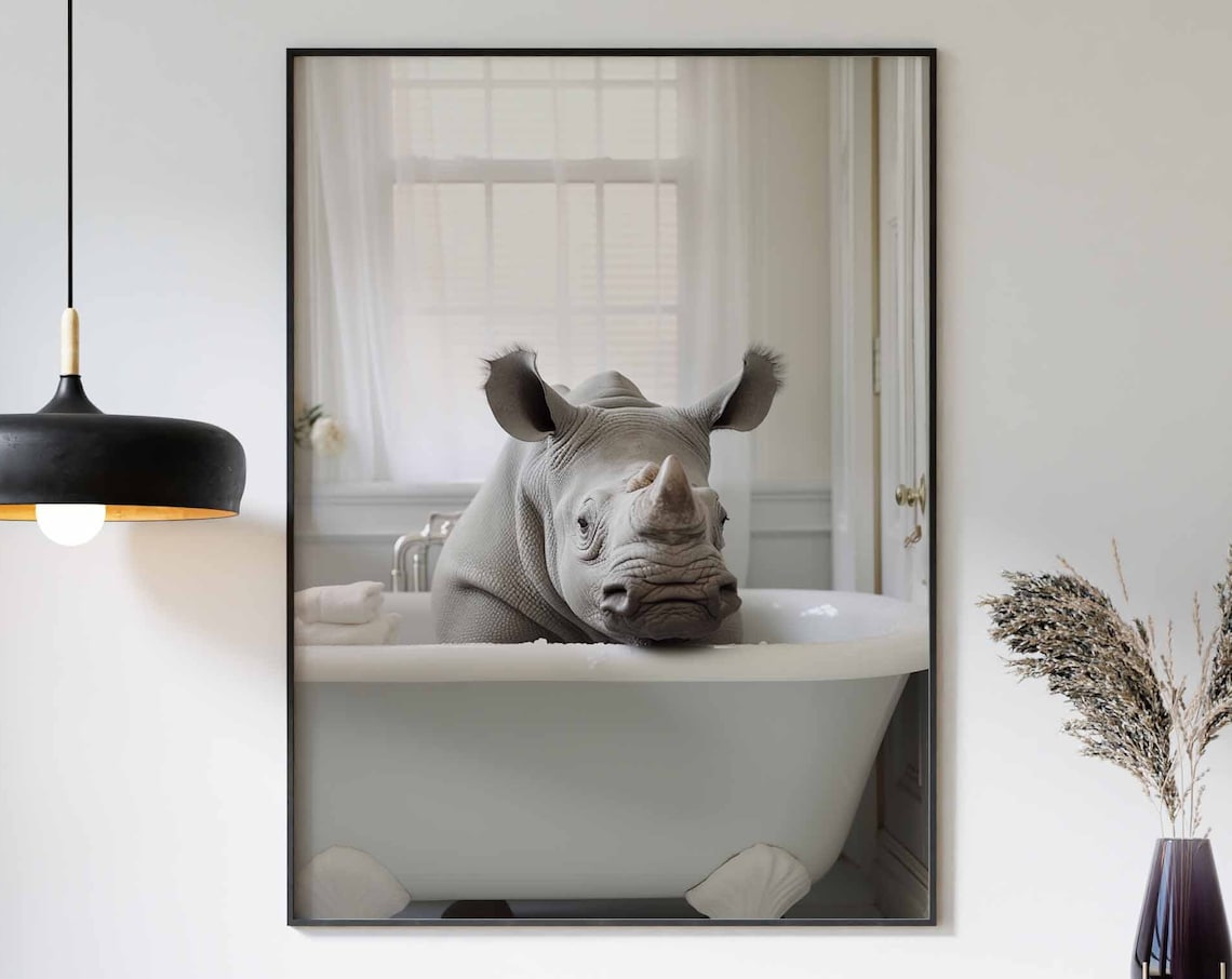 Rhinoceros Relaxing In A Bright Vintage White Clawfoot Tub Poster
