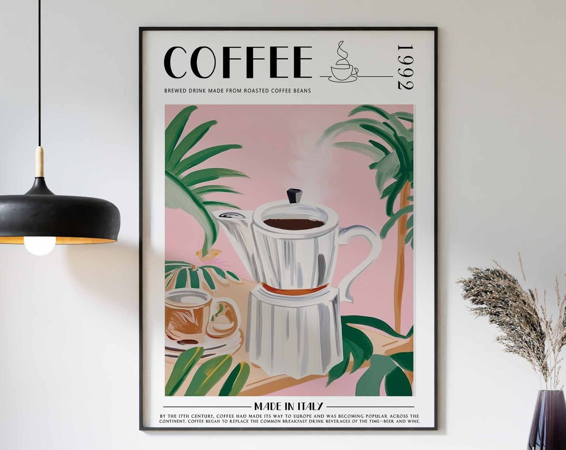 Coffee 1992 Italian Moka Pot Tropical Leaves Botanical Poster