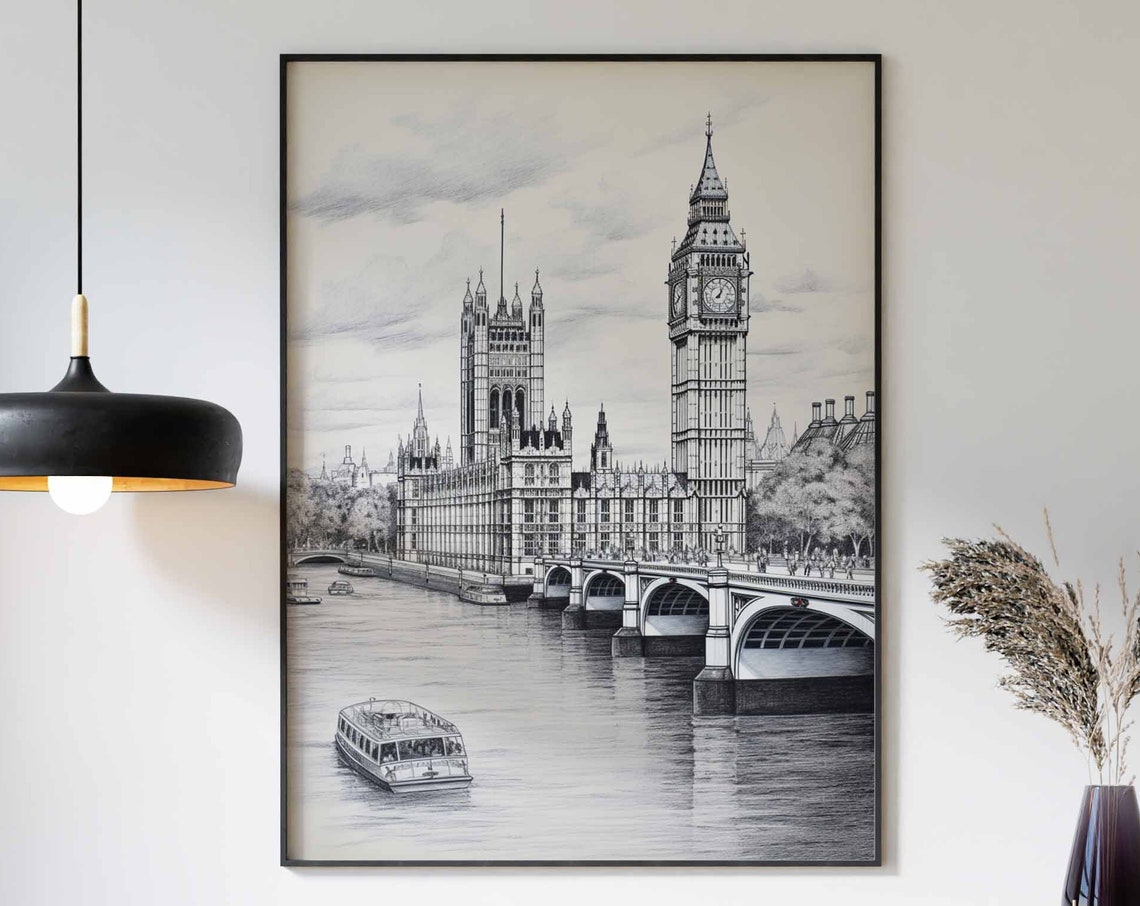 London Big Ben Pencil Sketch Black and White Thames River Wall Art
