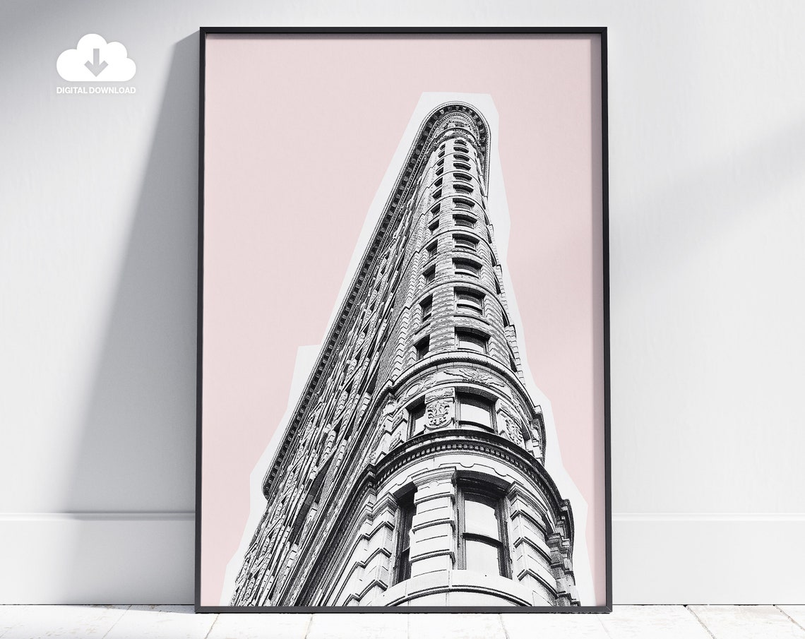 Flatiron Building Black and White on Blush Pink Architecture Poster