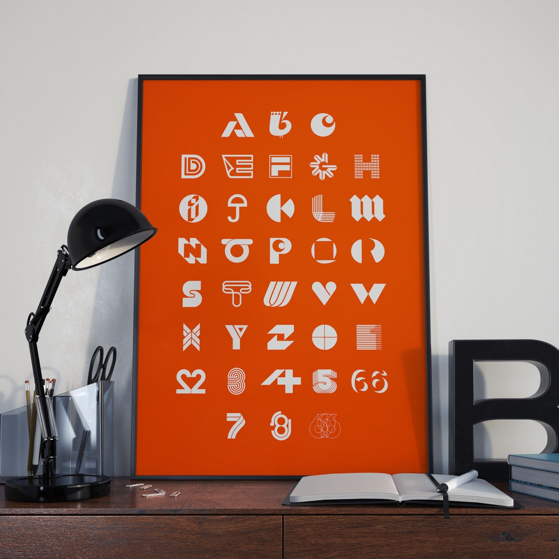 Stylized Alphabet Letterforms White On Orange Designer Typeface Poster - Image 4
