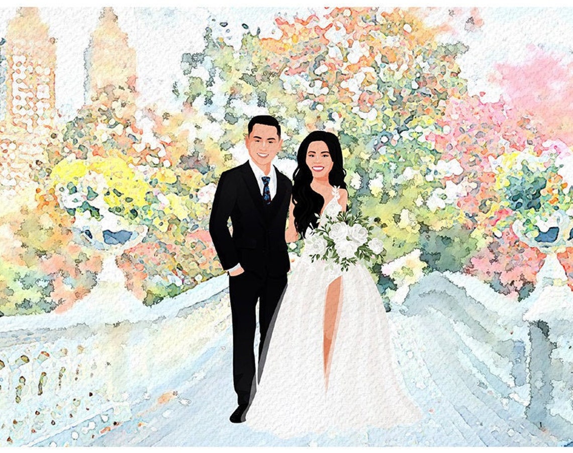 Custom Watercolor Couple Portrait Spring Blossom Wedding Wall Art